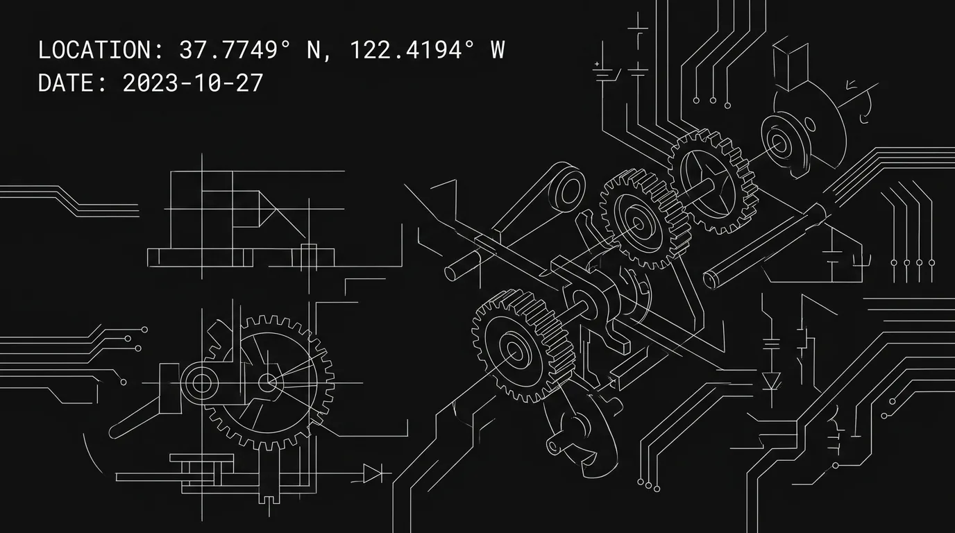 Superimposed text; location, date; dark mode technical sketch
