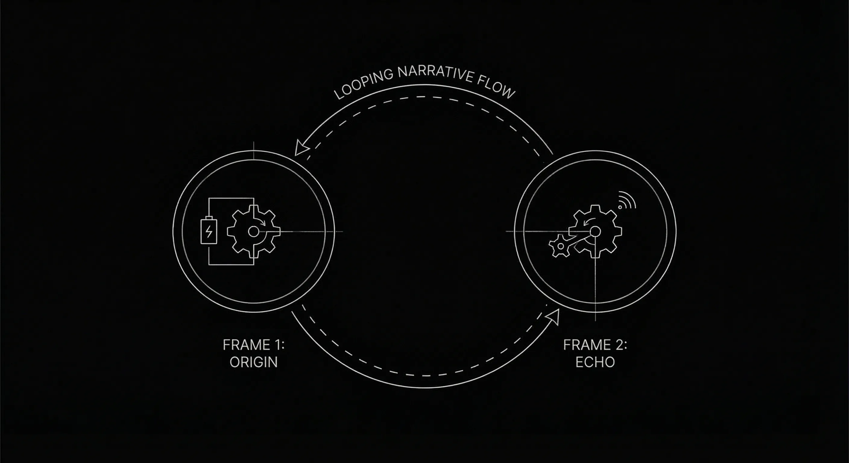 Circular narrative: last image echoes first; dark mode technical sketch
