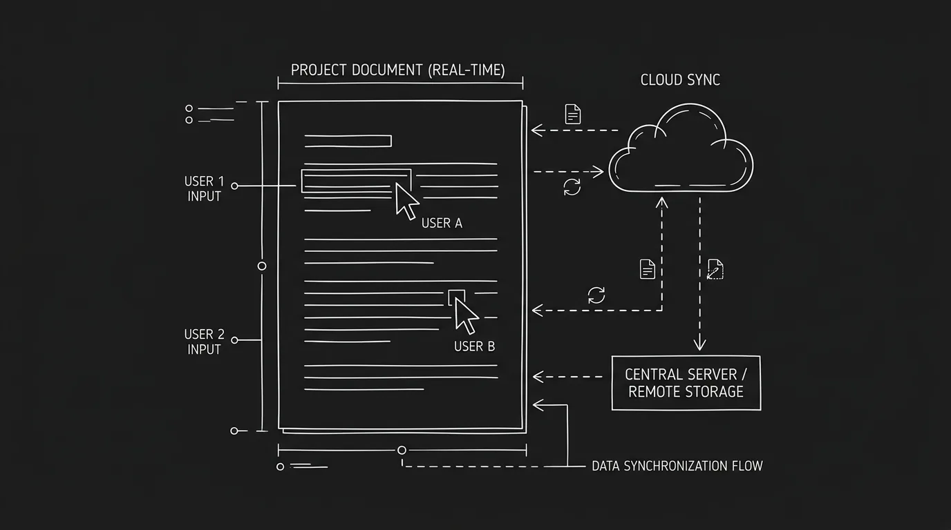 Two cursors; one document; dark mode technical sketch