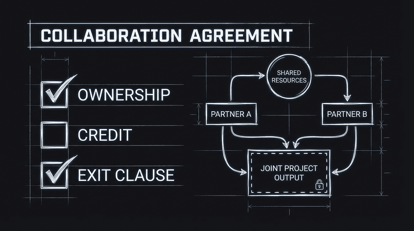 Collaboration agreement checklist; dark mode technical sketch
