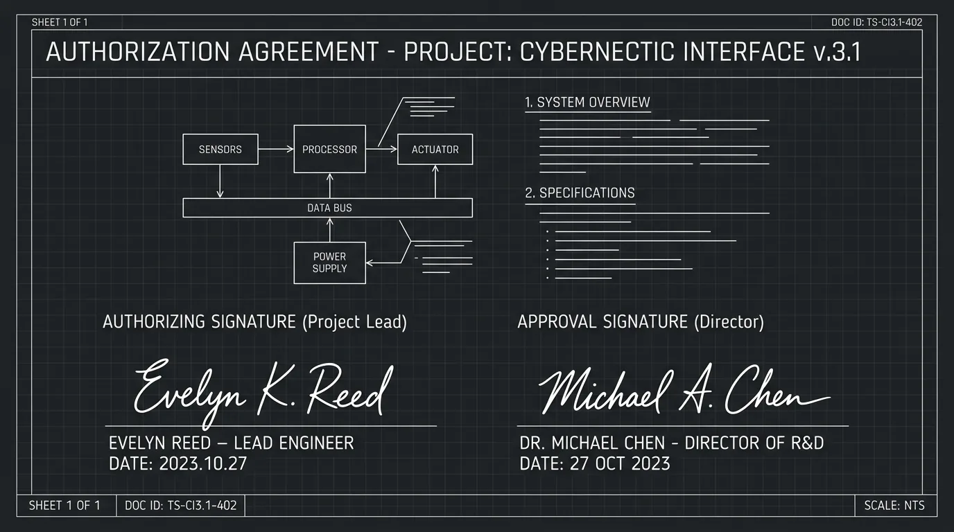 Two signatures on one document; dark mode technical sketch