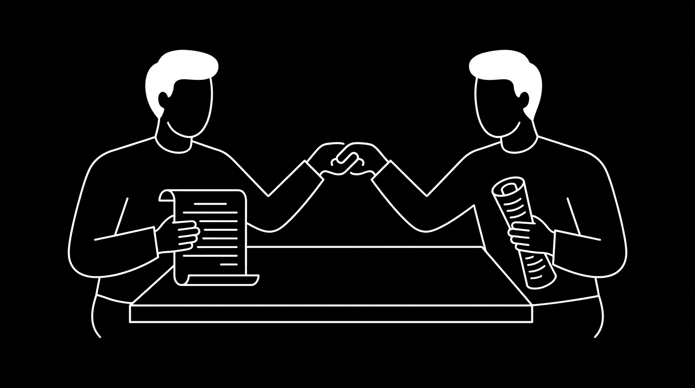 Two writers, contract; dark mode technical sketch