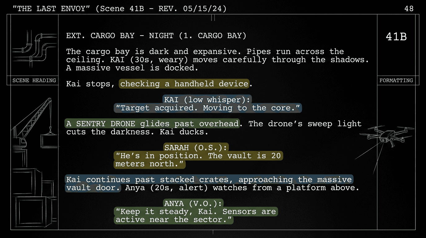 Dark mode technical sketch: script page with revision highlights in different colors; thin white lines on black