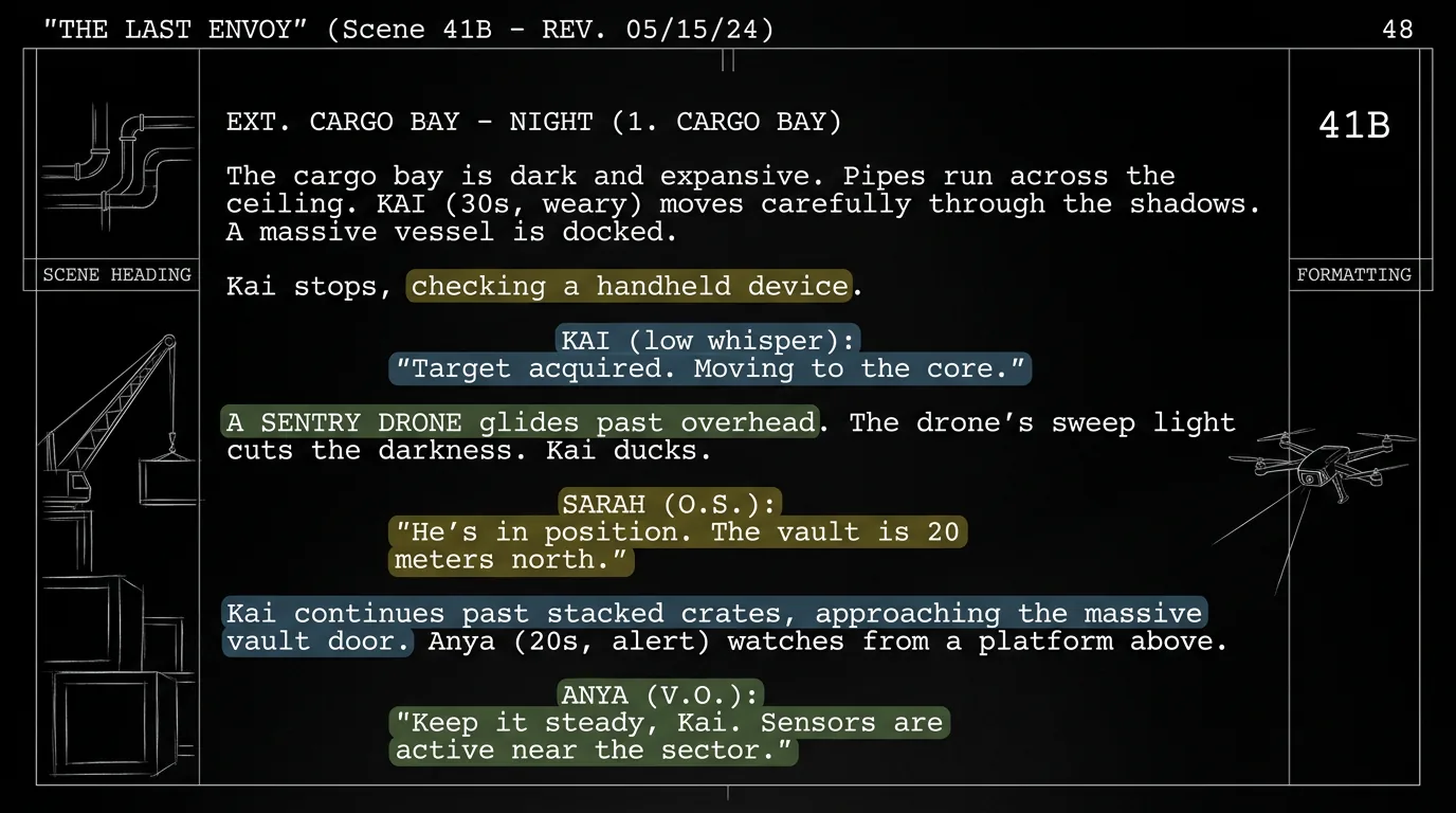 Dark mode technical sketch: script page with revision highlights in different colors; thin white lines on black