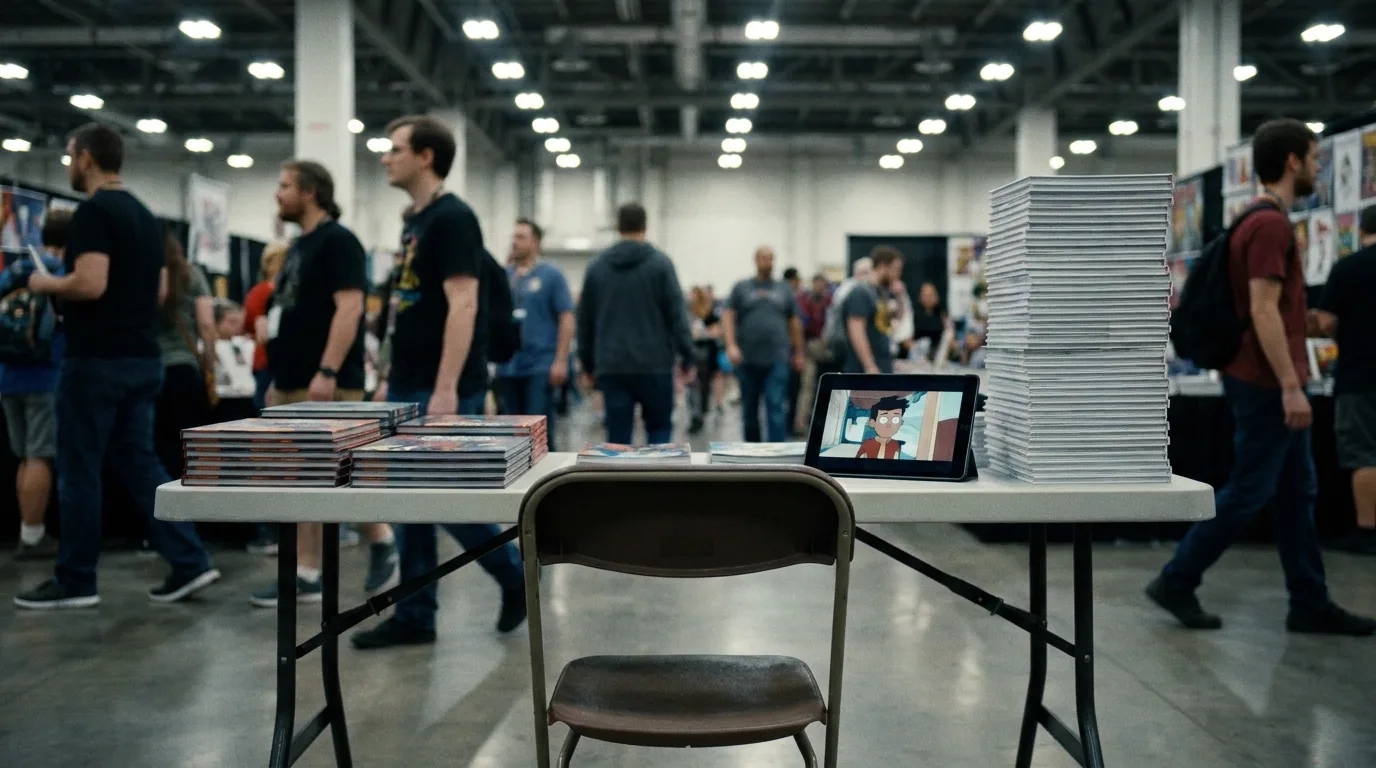 A comic convention signing table in a bright exhibition hall, stacks of hardcover albums beside a tablet propped against the pile playing a frame of animated artwork, an empty folding chair behind the table and a blurred crowd walking past, cinematic still