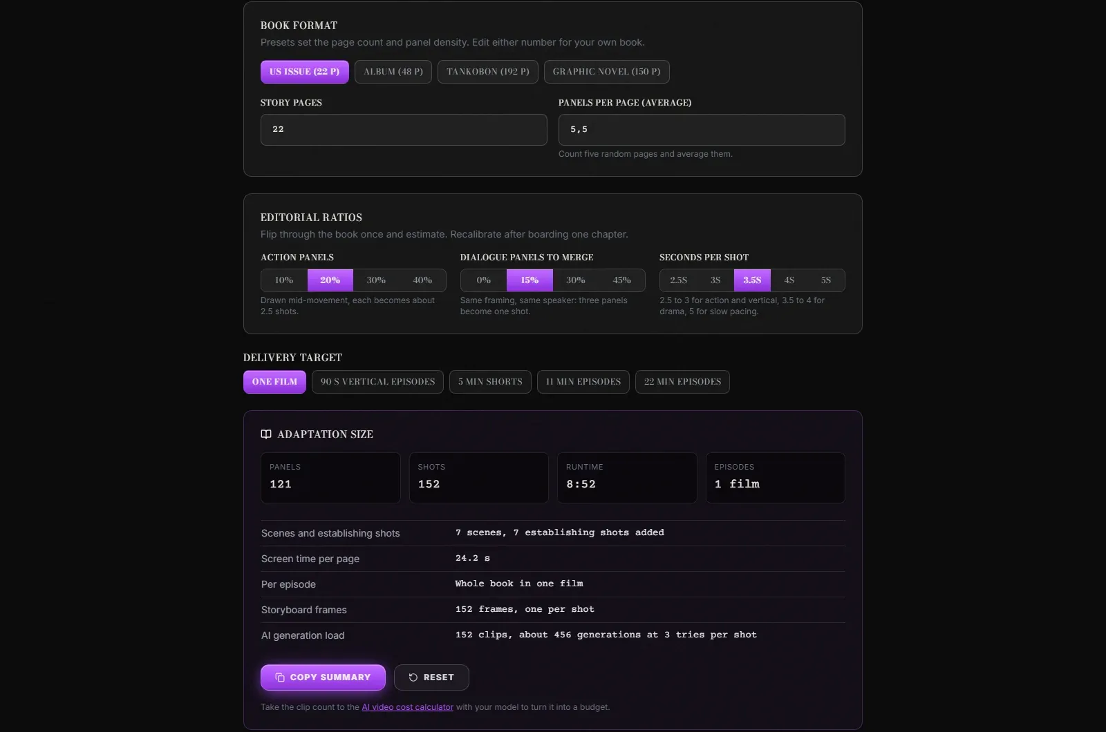 The ScreenWeaver comic to animation calculator with the format presets, page count, panel density and editorial ratios