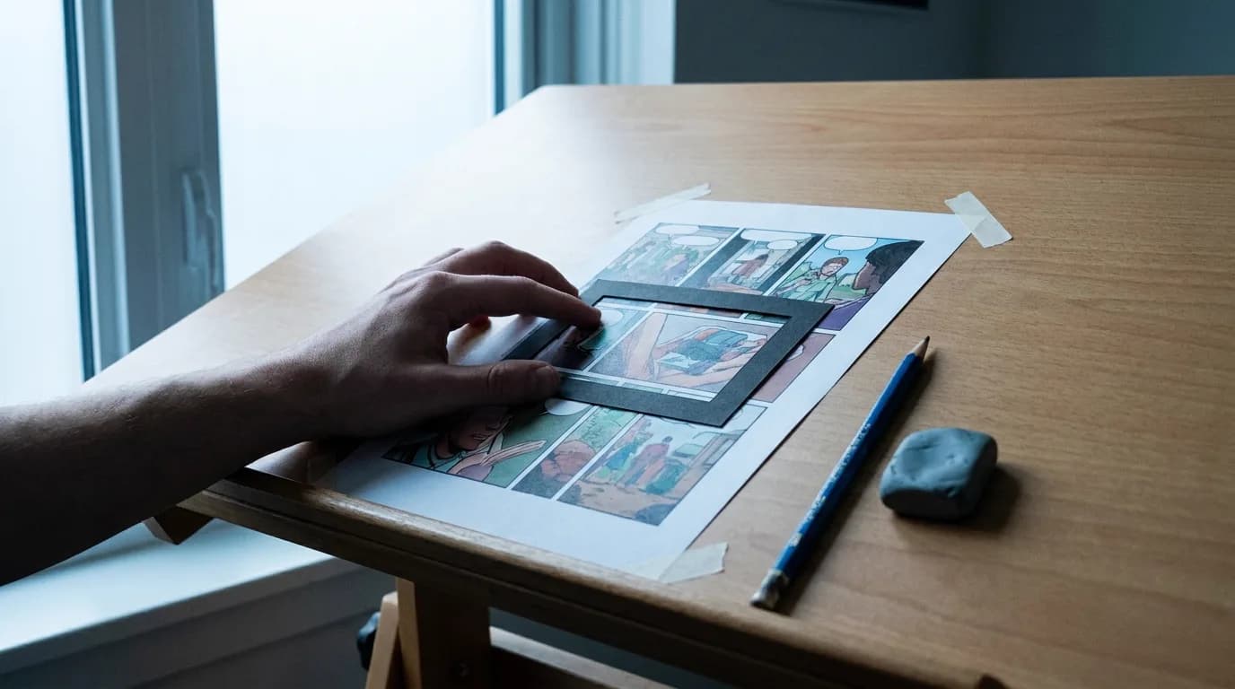 An angled drafting table by a north-facing window, a printed colour comic book page taped down flat, a hand holding a black cardboard cut-out frame in widescreen proportion over one panel, a blue pencil and a kneaded eraser, cinematic still
