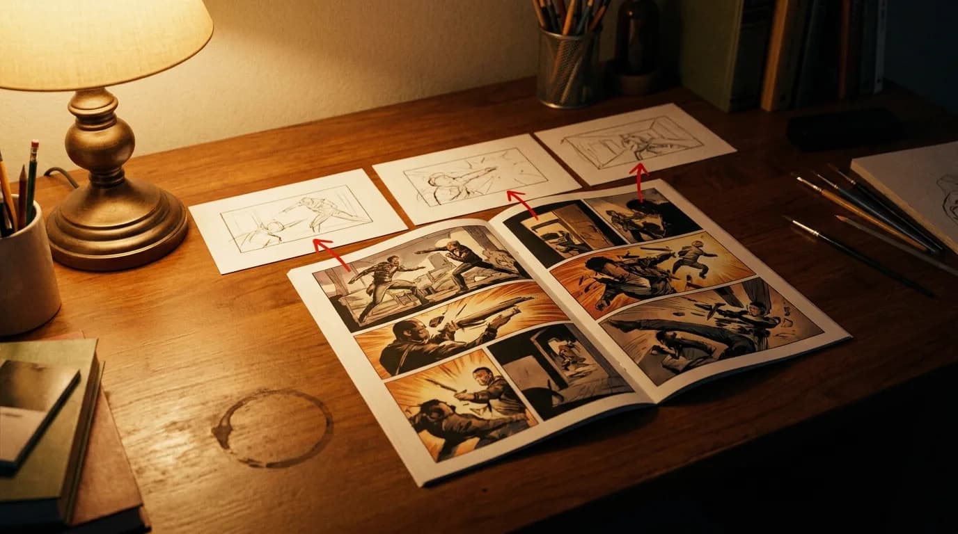 A warm lamp-lit desk photographed from the side, a comic book double-page splash spread open flat, a row of three widescreen white storyboard cards laid along its top edge, red pencil arrows from areas of the splash to each card, cinematic still