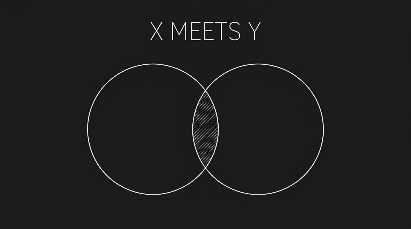 X meets Y: two circles overlapping; dark mode technical sketch