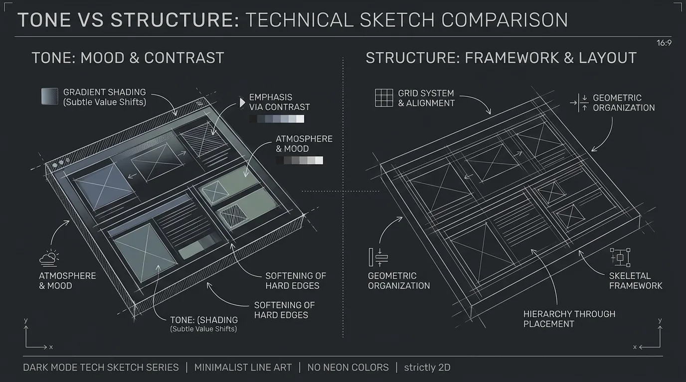 Tone vs structure comps; dark mode technical sketch