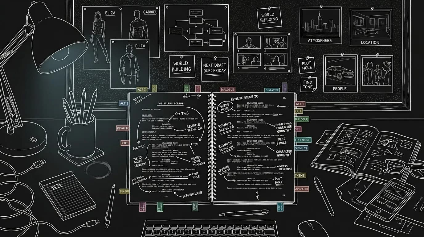 A rustic workspace with a script marked up with visual notes; dark mode technical sketch, thin white lines on black background