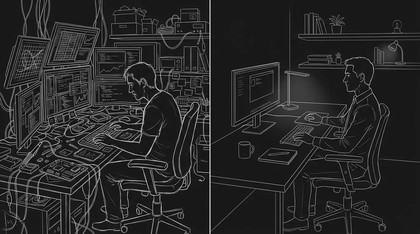 A visual comparison of before and after prompt refinement showing two generated images; dark mode technical sketch, thin white lines, black background