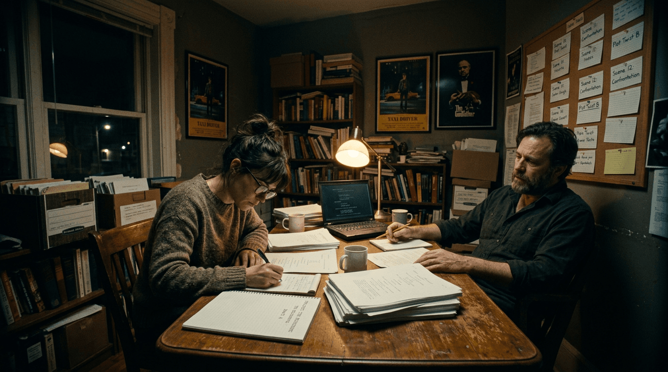 Cinematic workflow still, first angle, 35mm film grain