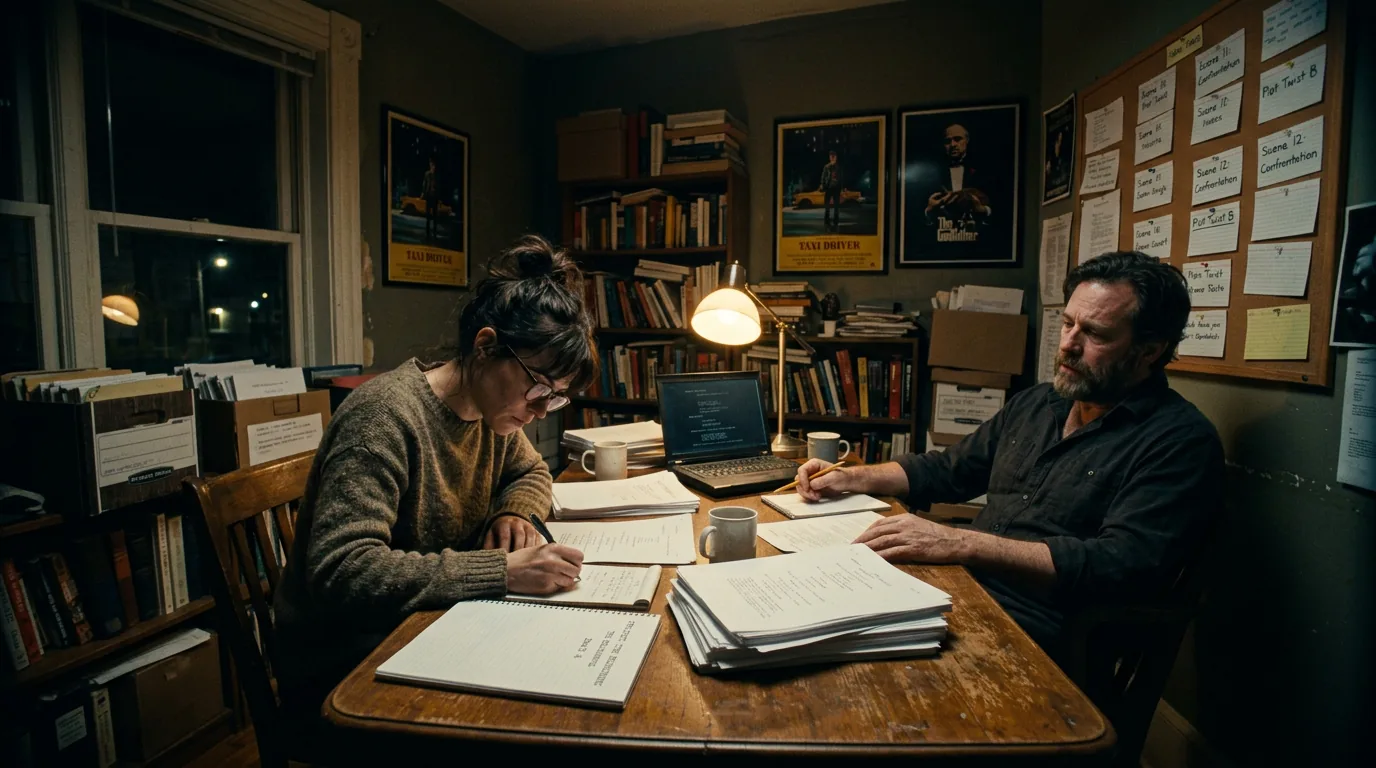 Dark mode technical sketch: writer at desk viewing concept art generated from script pages; thin white lines on black