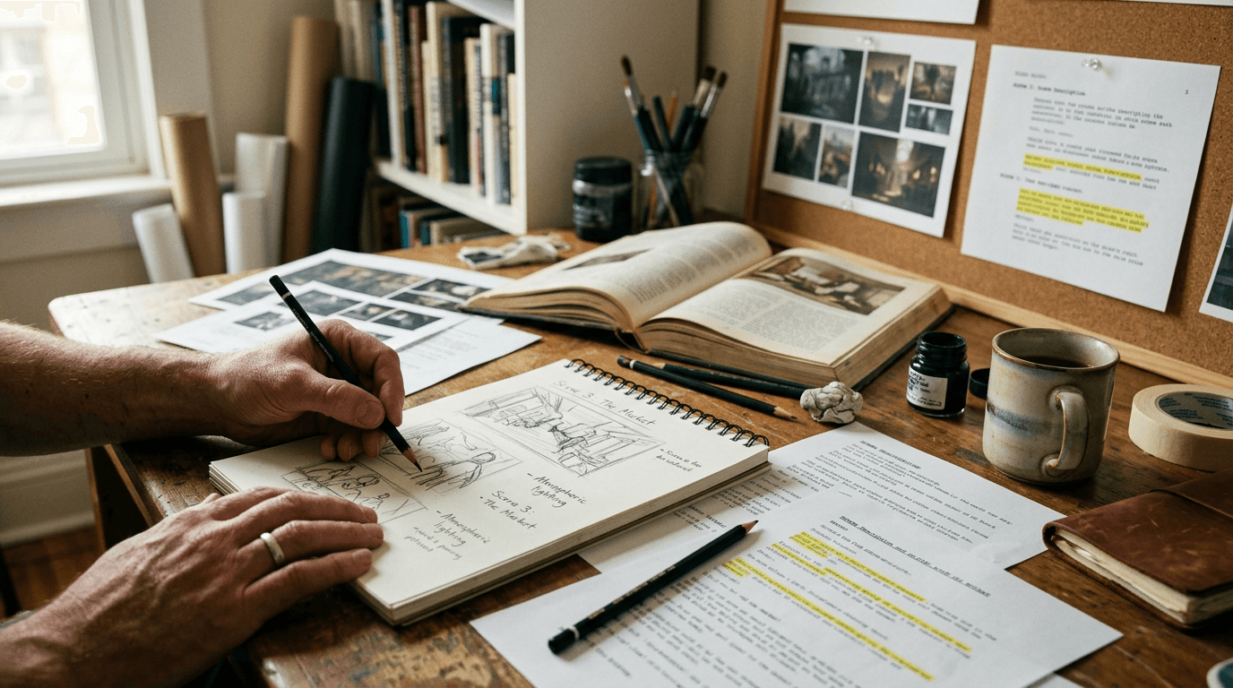 Cinematic workflow still, second angle, 35mm film grain