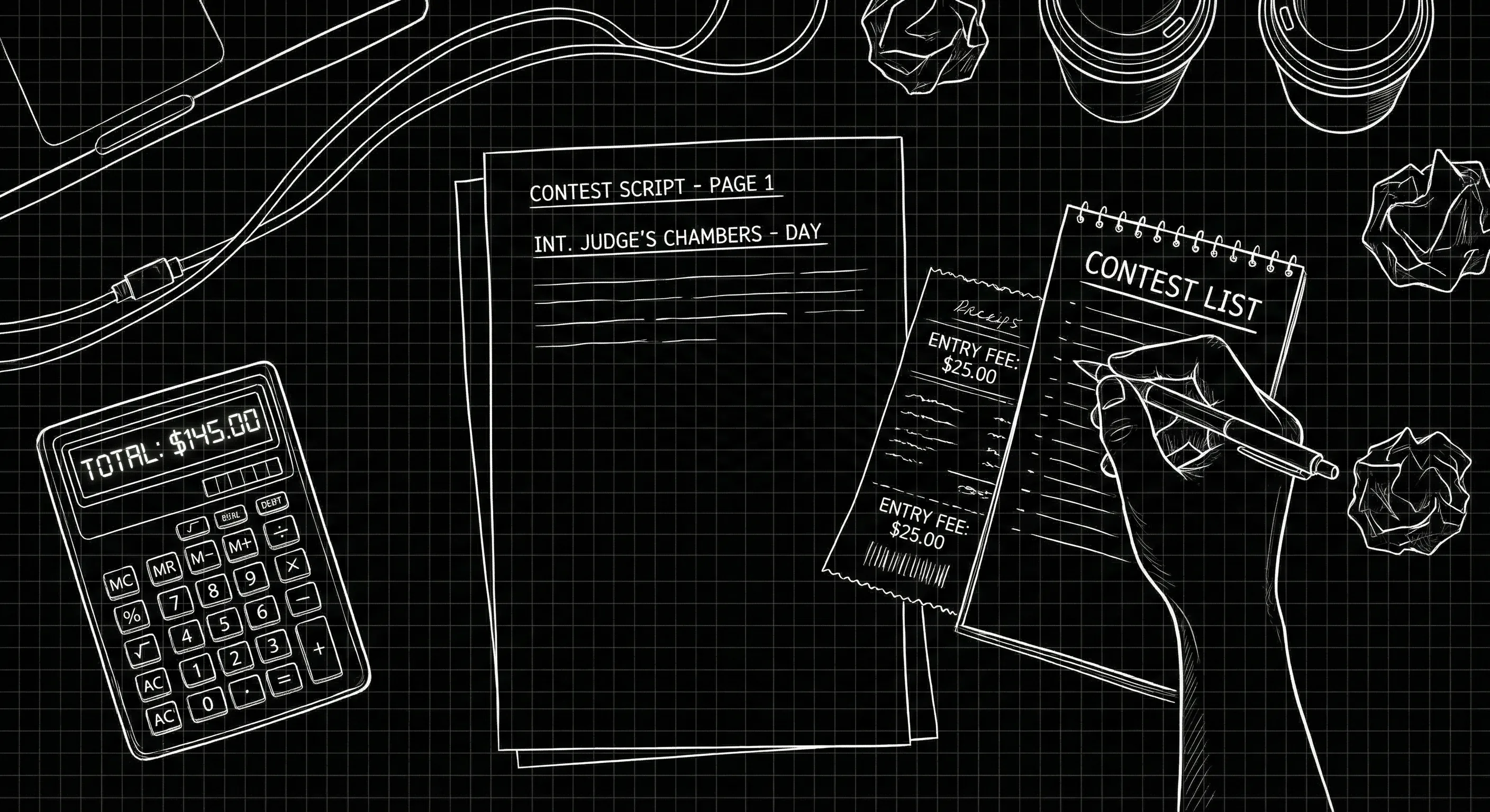 Desk with contest receipts and script