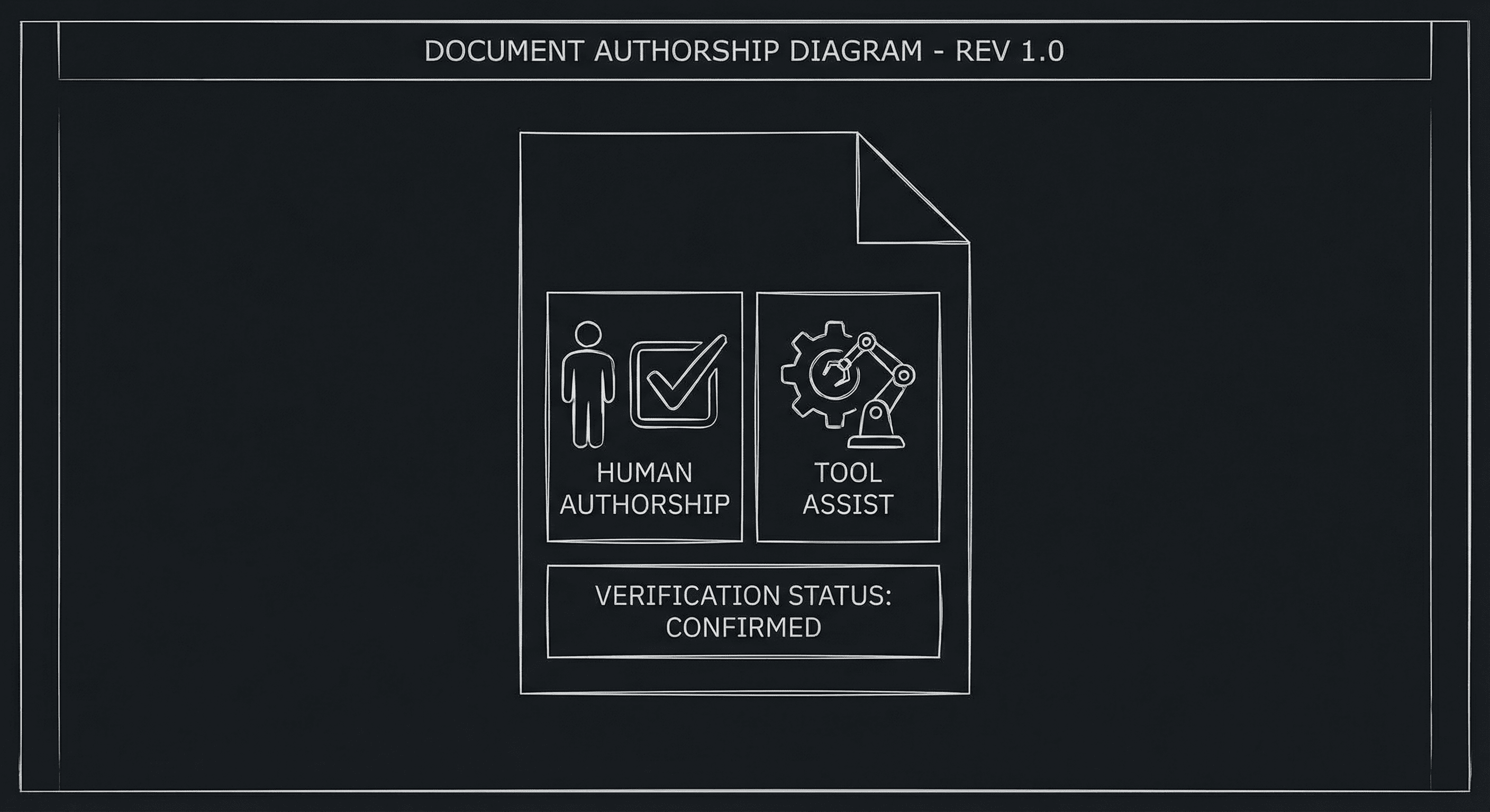 Prompt: Dark Mode Technical Sketch, document with "Human authorship" and "Tool / assist" and a checkmark next to human; clean thin white lines on black --ar 16:9