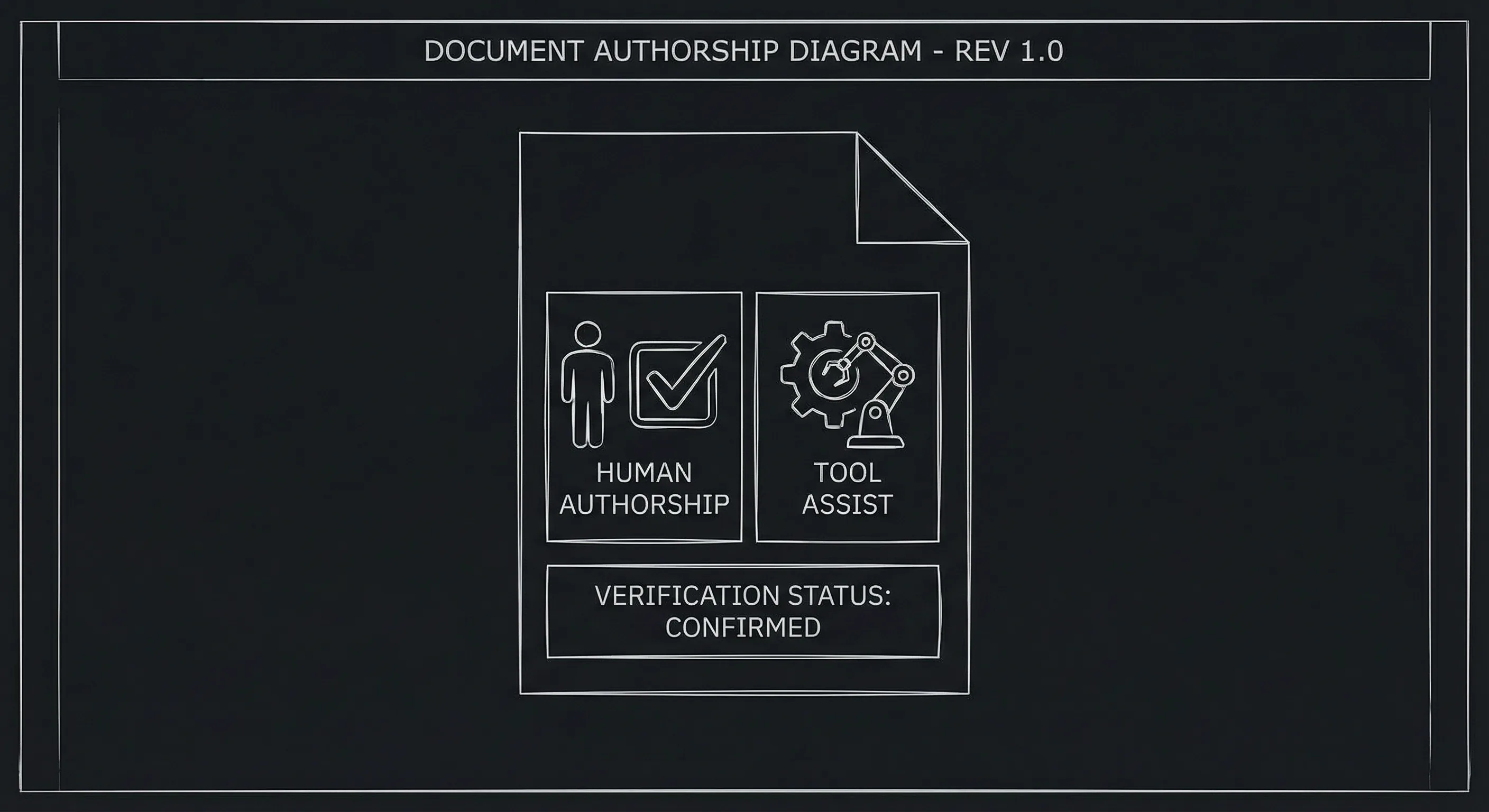 Prompt: Dark Mode Technical Sketch, document with "Human authorship" and "Tool / assist" and a checkmark next to human; clean thin white lines on black --ar 16:9