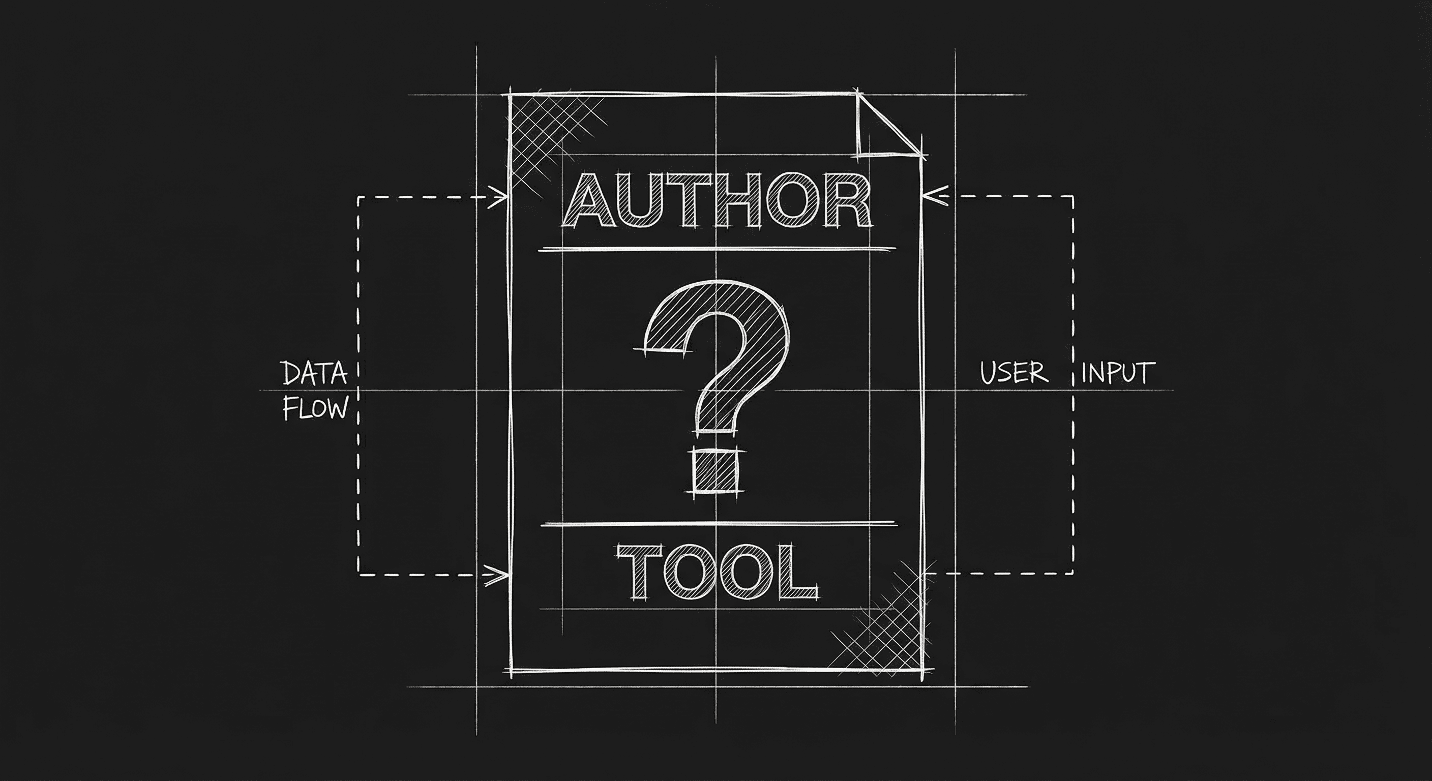 Author vs tool with question mark; dark mode technical sketch