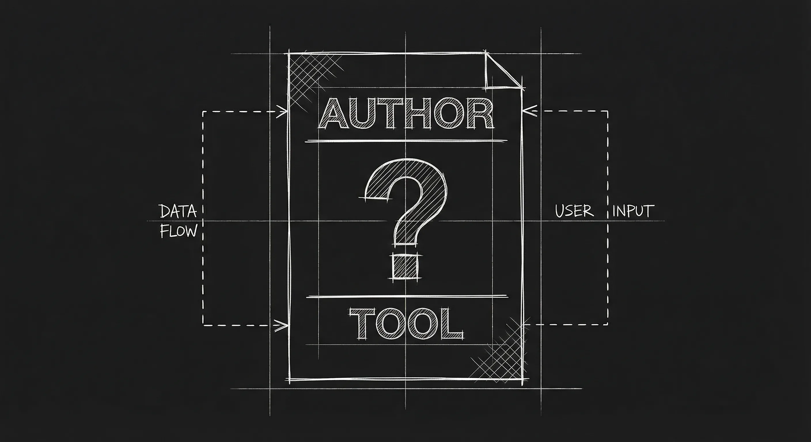 Author vs tool with question mark; dark mode technical sketch