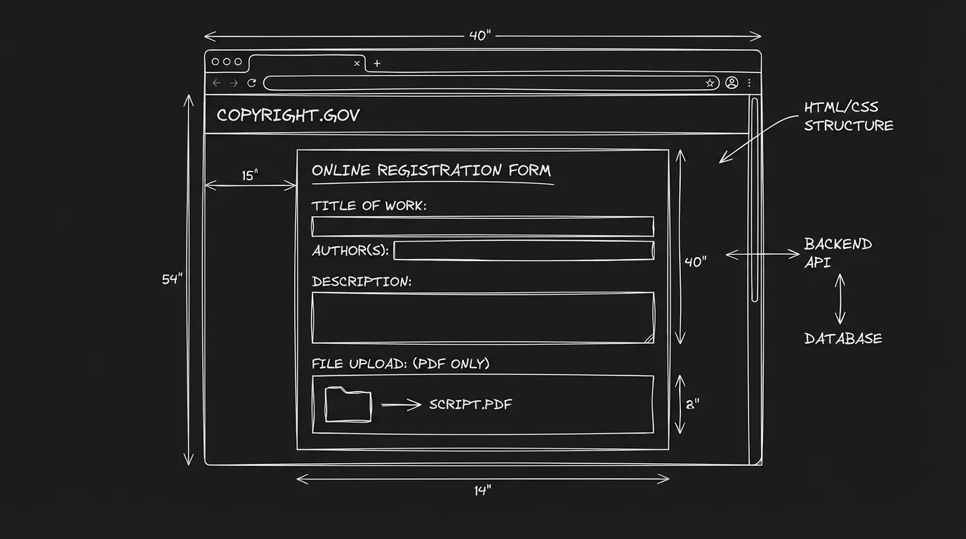 Copyright Office website and application form; dark mode technical sketch