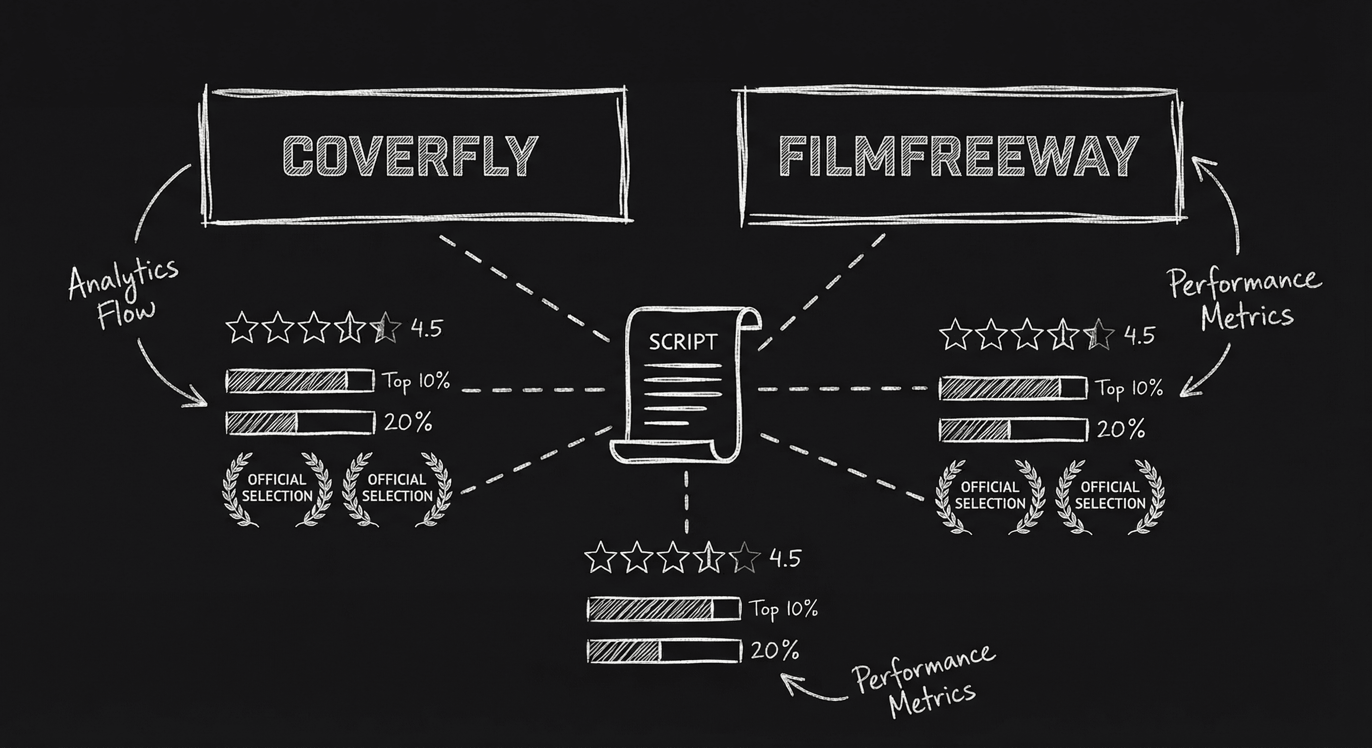 Coverfly and FilmFreeway dashboards; dark mode technical sketch
