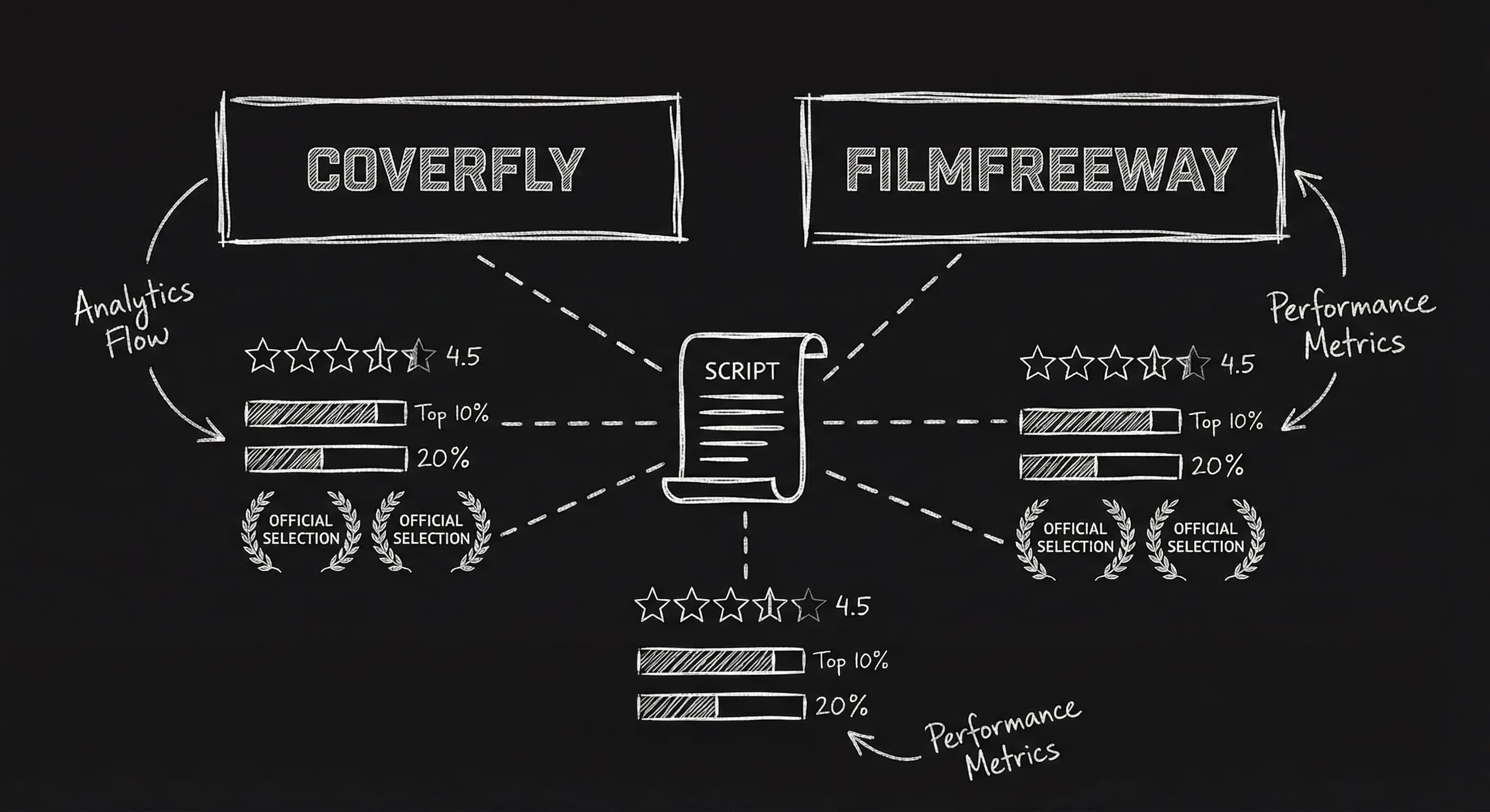 Coverfly and FilmFreeway dashboards; dark mode technical sketch