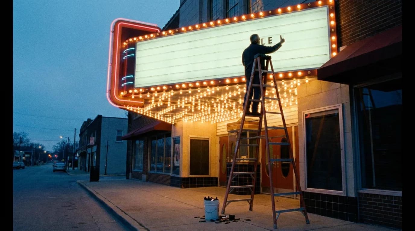 A cinema marquee at dusk with a worker on a ladder swapping out the letters, a bucket of loose plastic letters waiting at the base, cinematic still