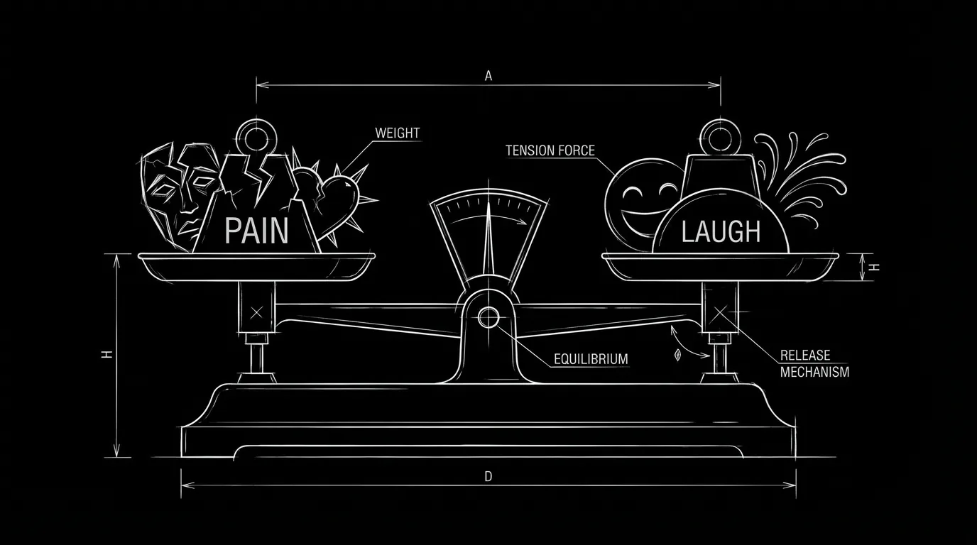Two elements in balance: pain and laugh; dark mode technical sketch