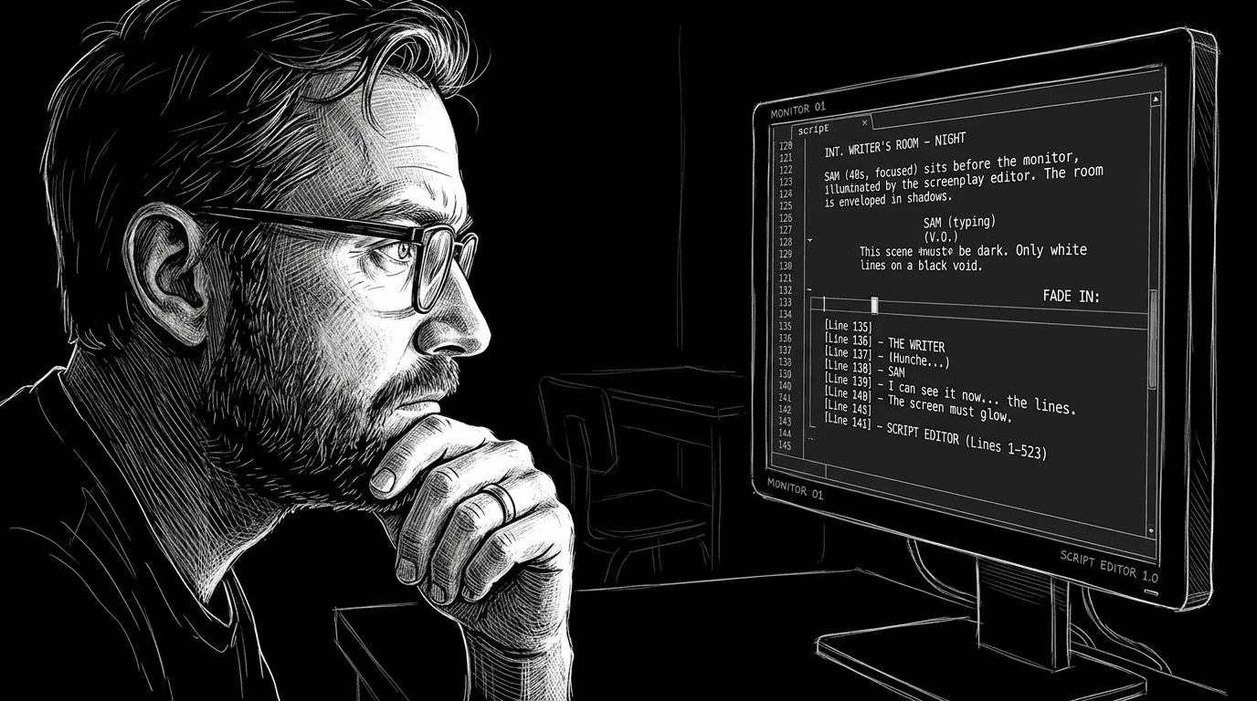 Dark mode technical sketch: writer at night lit only by a dark‑mode script editor on a monitor; thin white lines on black
