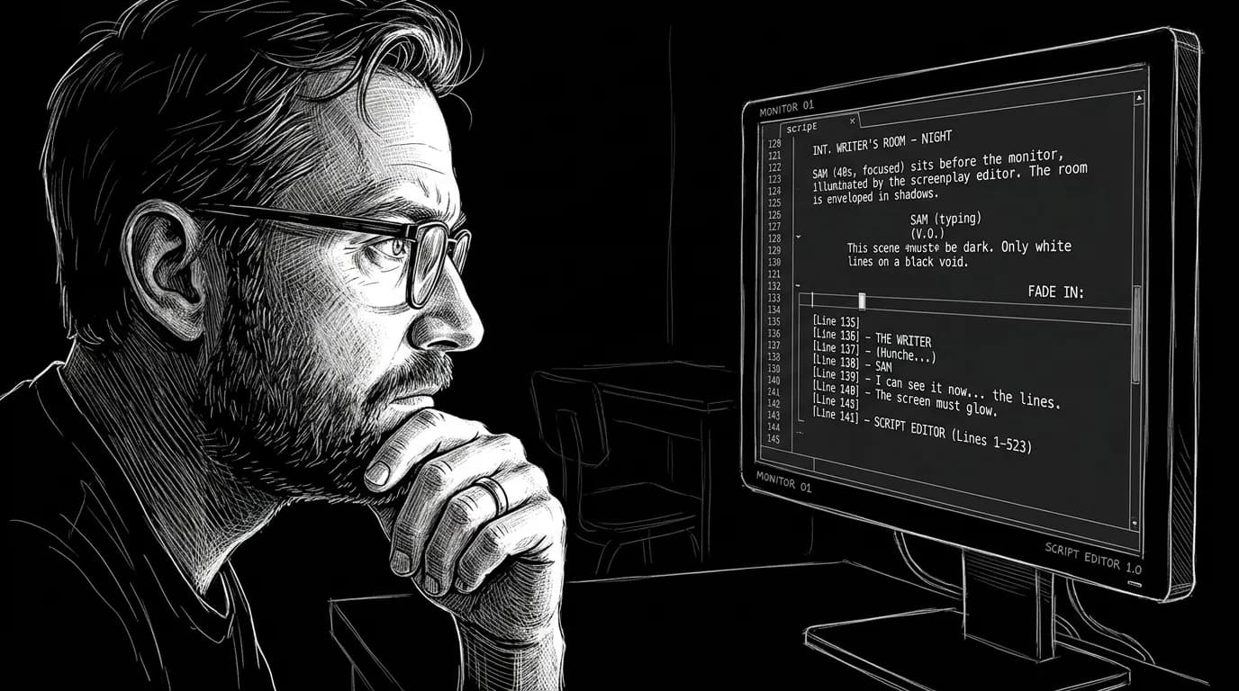 Dark mode technical sketch: writer at night lit only by a dark‑mode script editor on a monitor; thin white lines on black