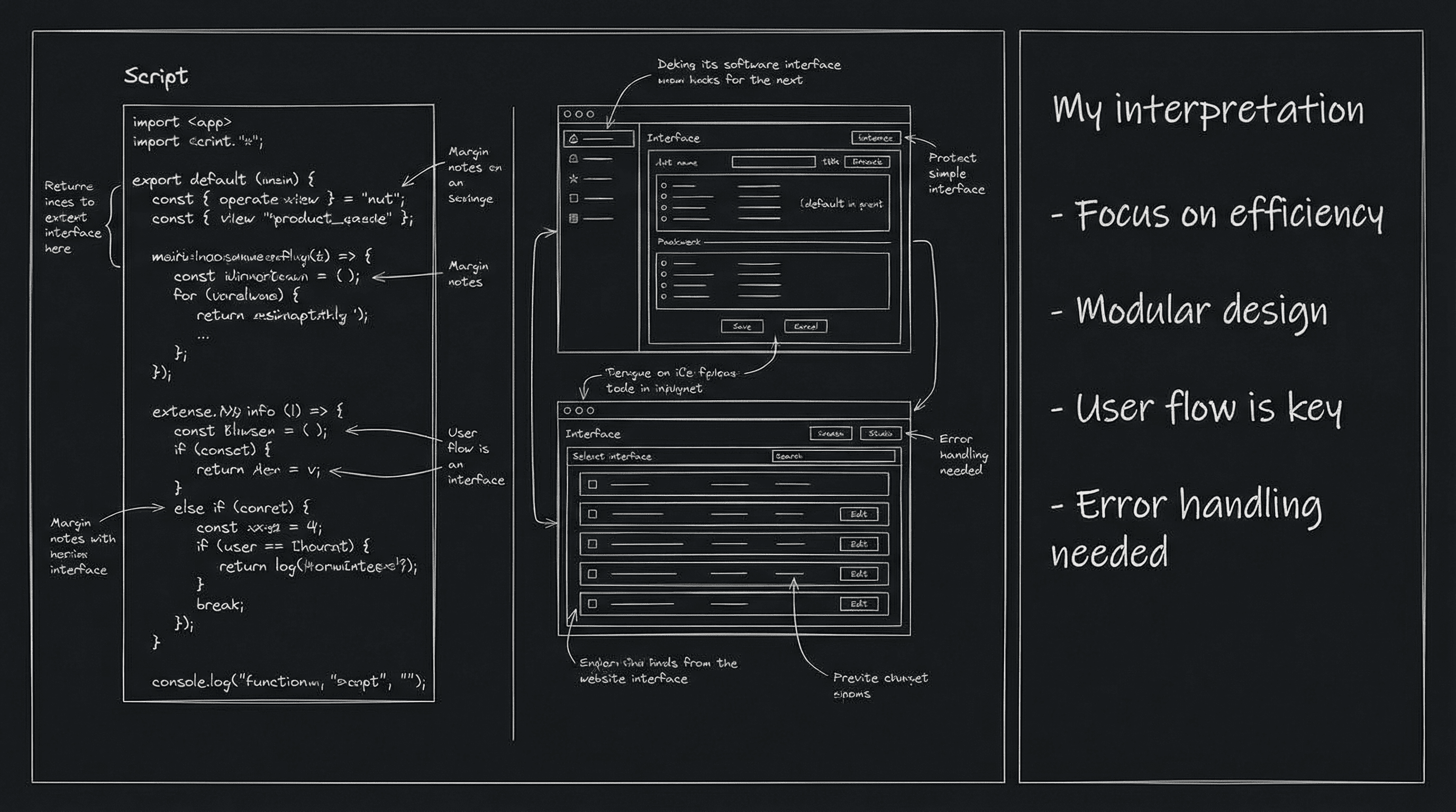 Script with margin notes and a separate "my interpretation" list