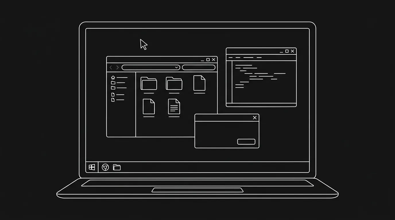 Laptop screen; windows; dark mode technical sketch