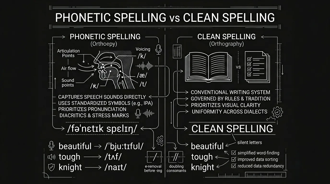 Phonetic vs clean spelling; dark mode technical sketch