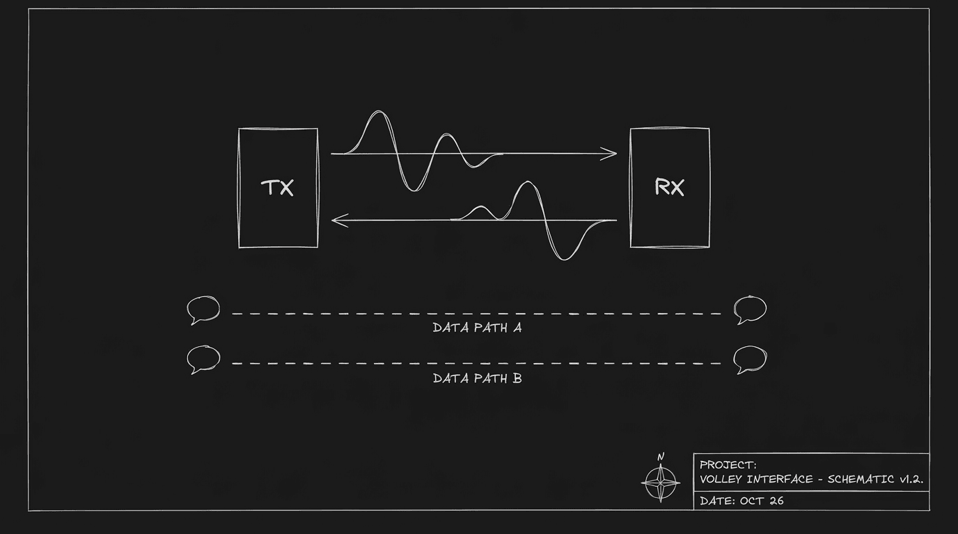 Two speech lines in volley; dark mode technical sketch