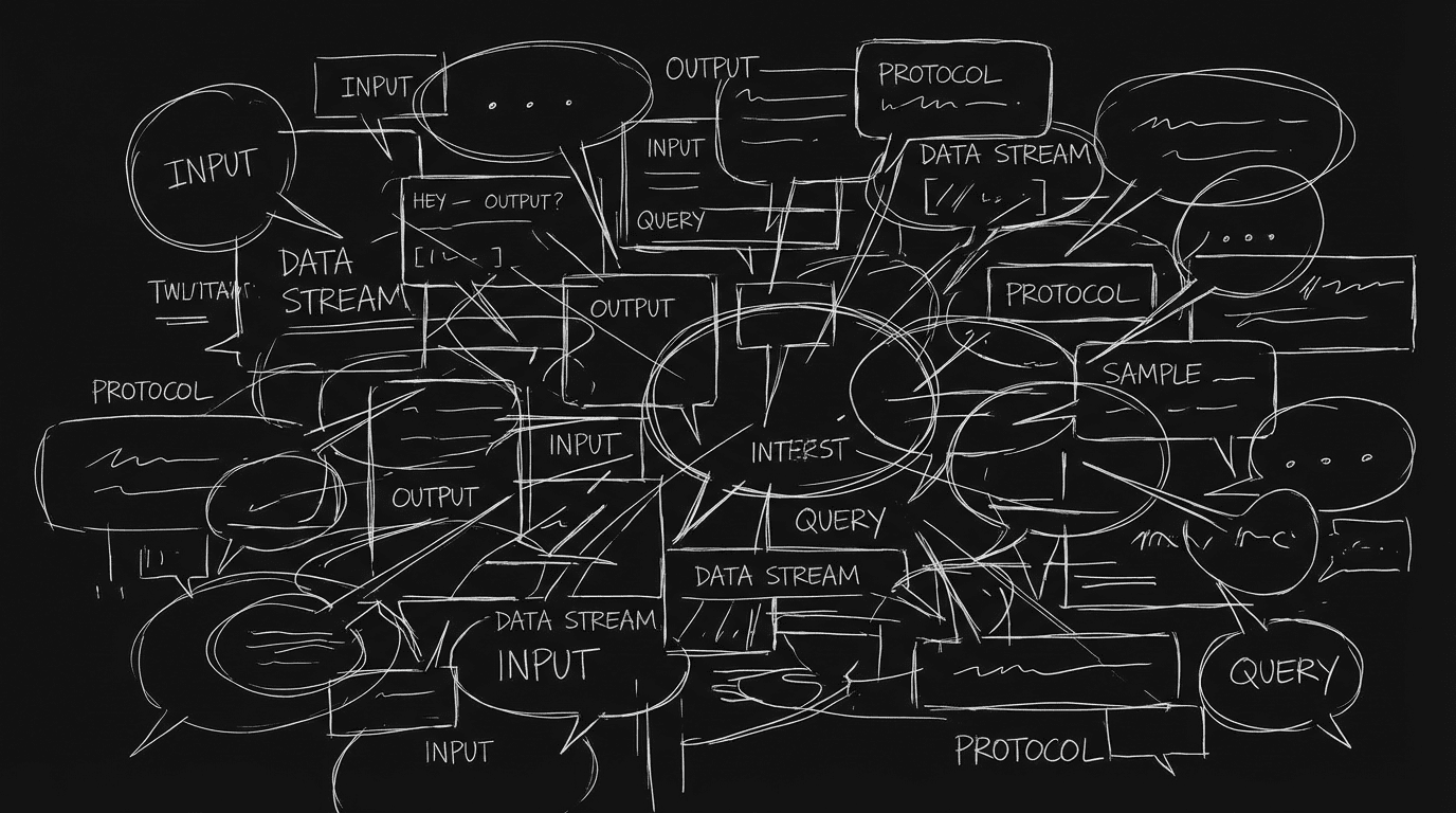 Overlapping dialogue lines; dark mode technical sketch