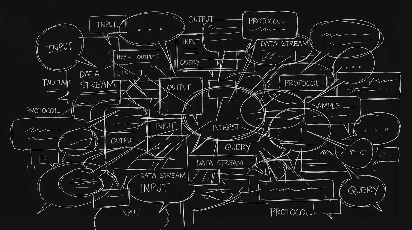 Overlapping dialogue lines; dark mode technical sketch