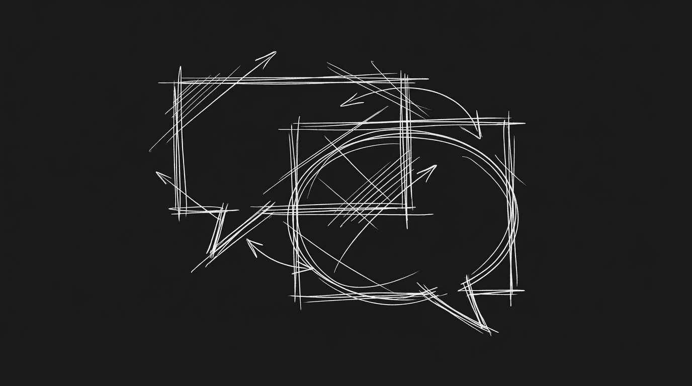 Dialogue rhythm: overlapping volley; dark mode technical sketch