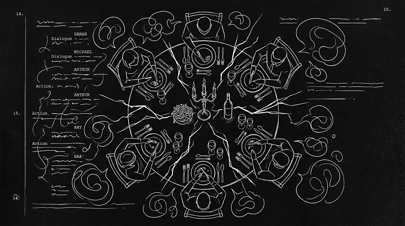 Dark mode technical sketch: dinner table scene script with subtext annotations; thin white lines on black