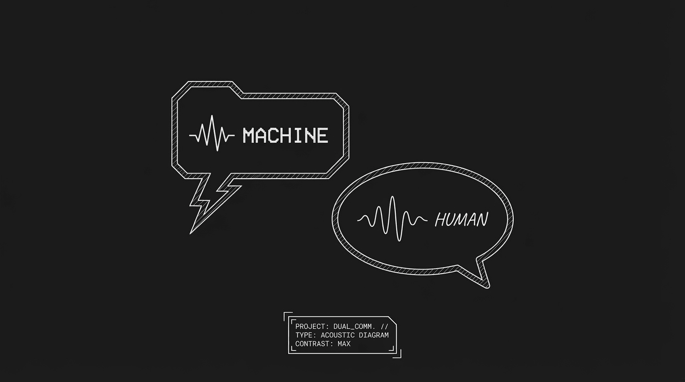 Script page with character names removed; only dialogue blocks; dark mode technical sketch