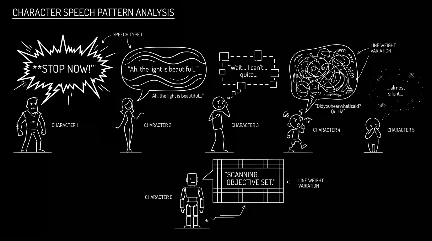 Multiple speech patterns; different line weights; dark mode technical sketch