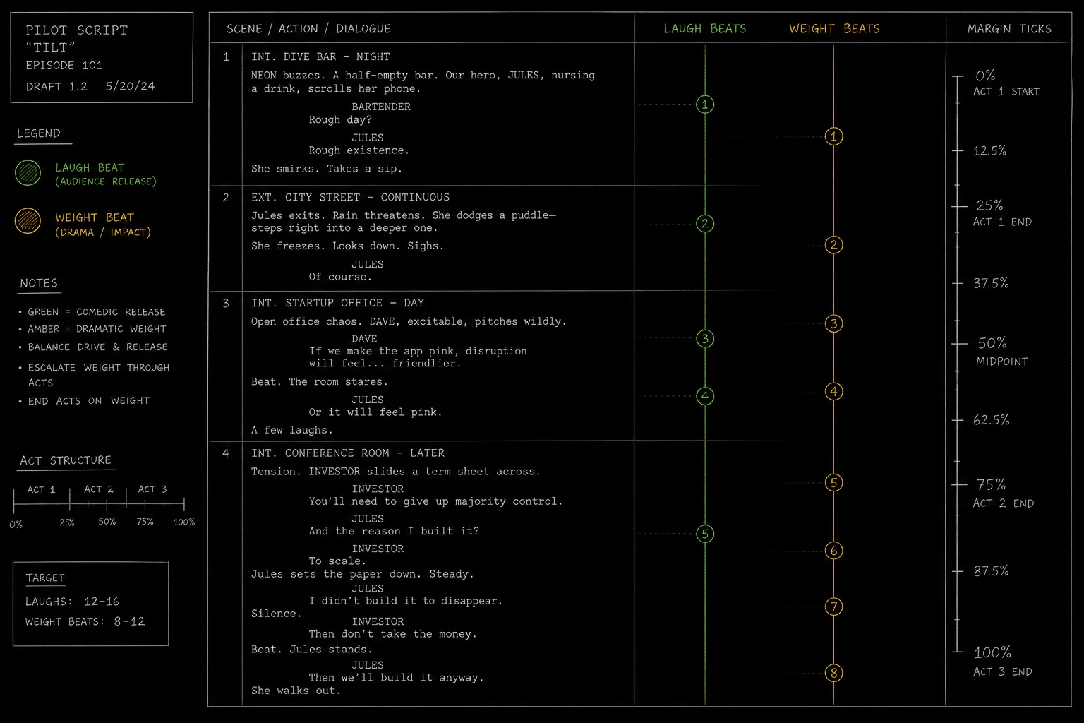 Dark mode technical sketch: writer highlighting pilot script with green for laugh beats and amber for weight beats in margin ticks, thin white lines on black