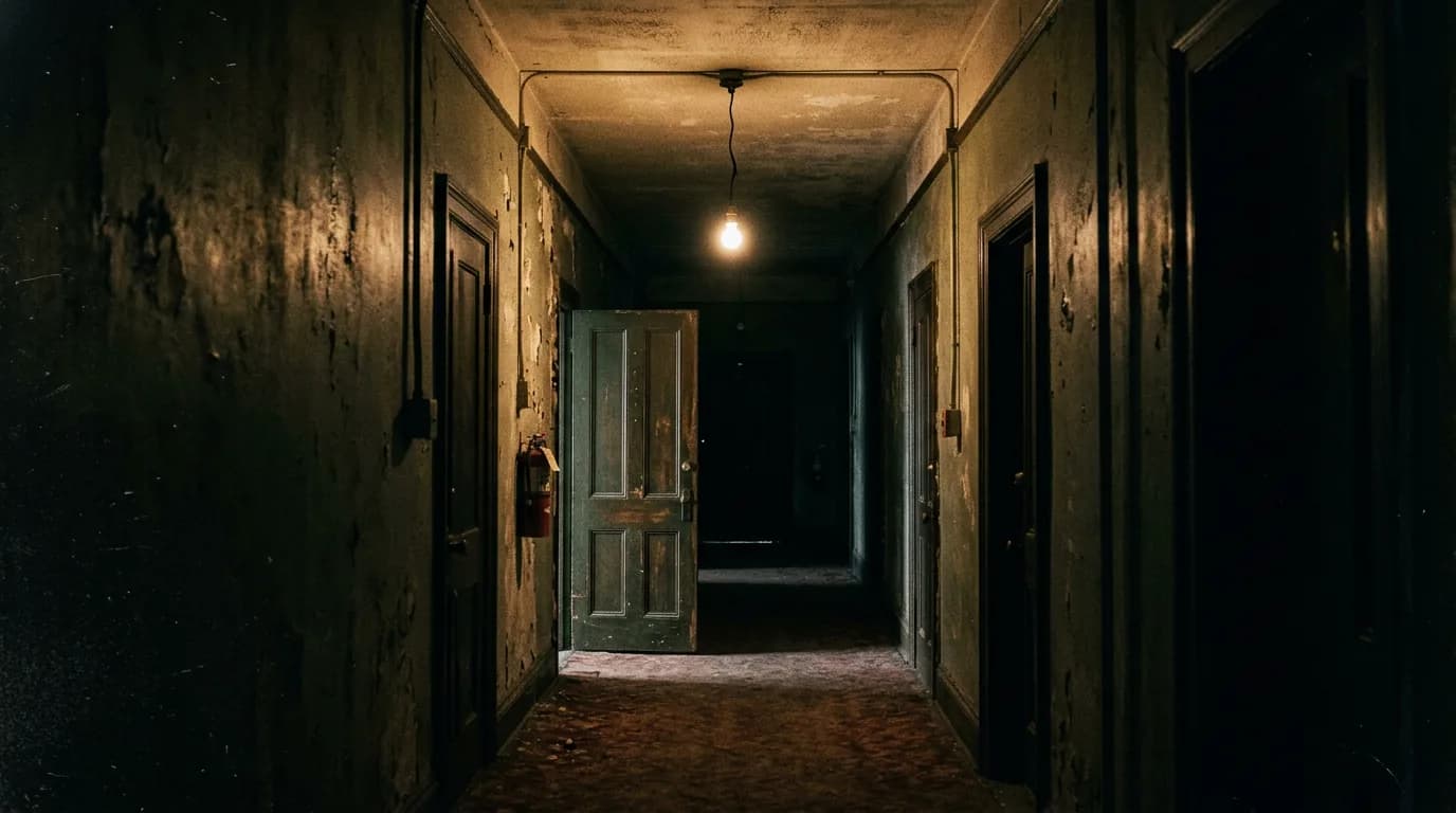 Empty hallway, door ajar; cinematic film still