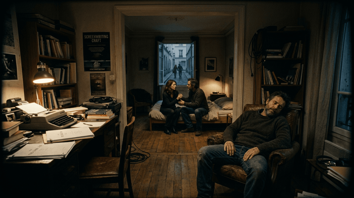 Cinematic workflow still, first angle, 35mm film grain