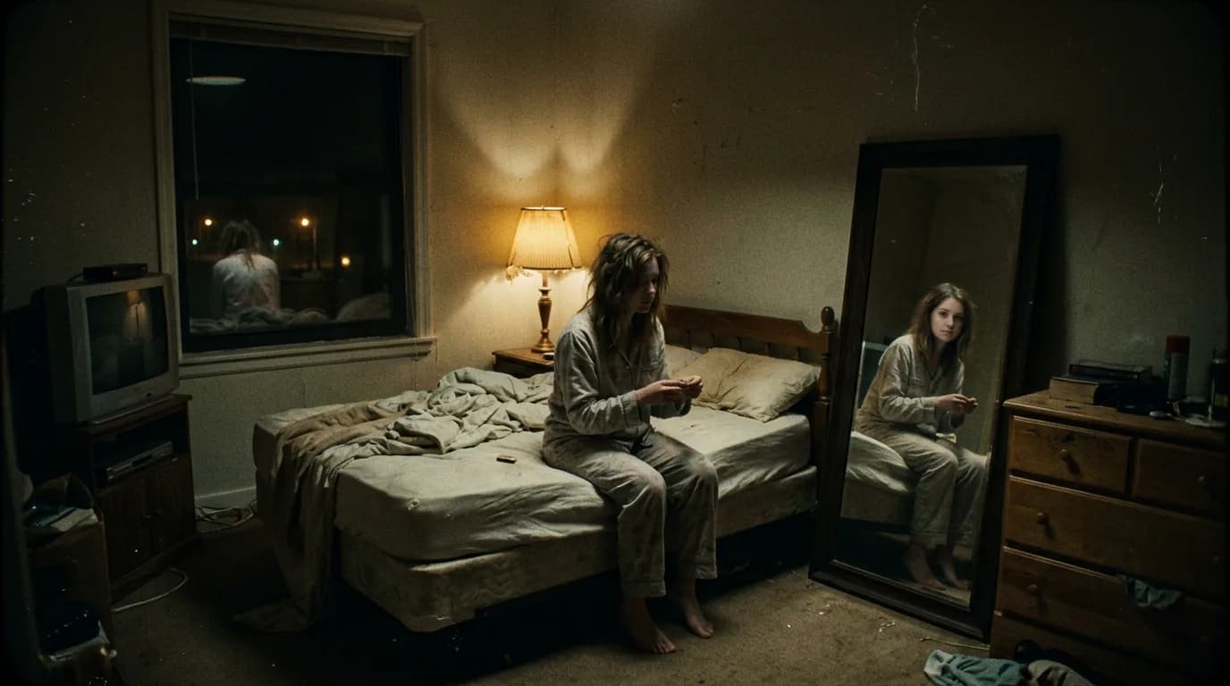 Cinematic 35mm film still: uncanny bedroom mirror, dreamlike grain