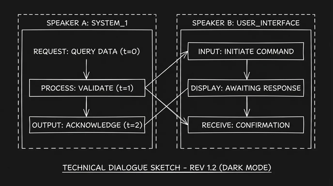 Two-column dialogue layout with character names; dark mode technical sketch
