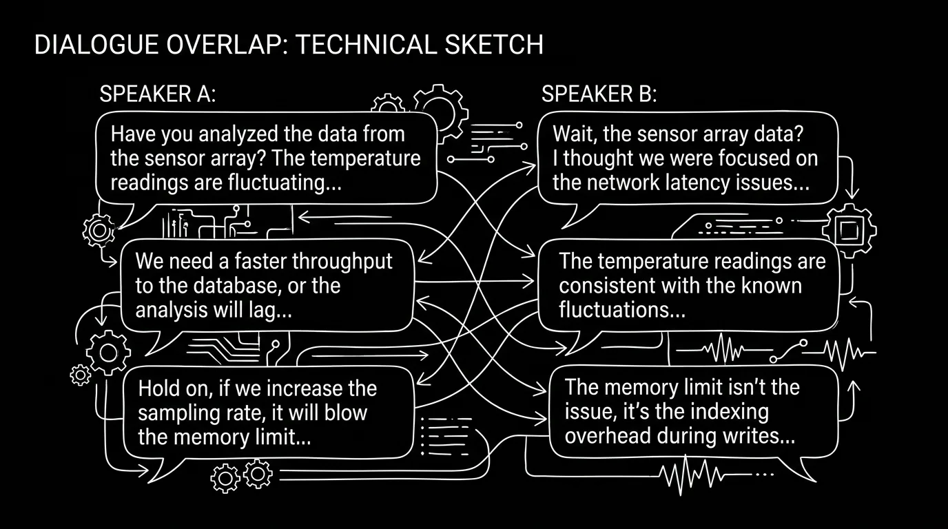 Two columns of dialogue; overlapping speech; dark mode technical sketch