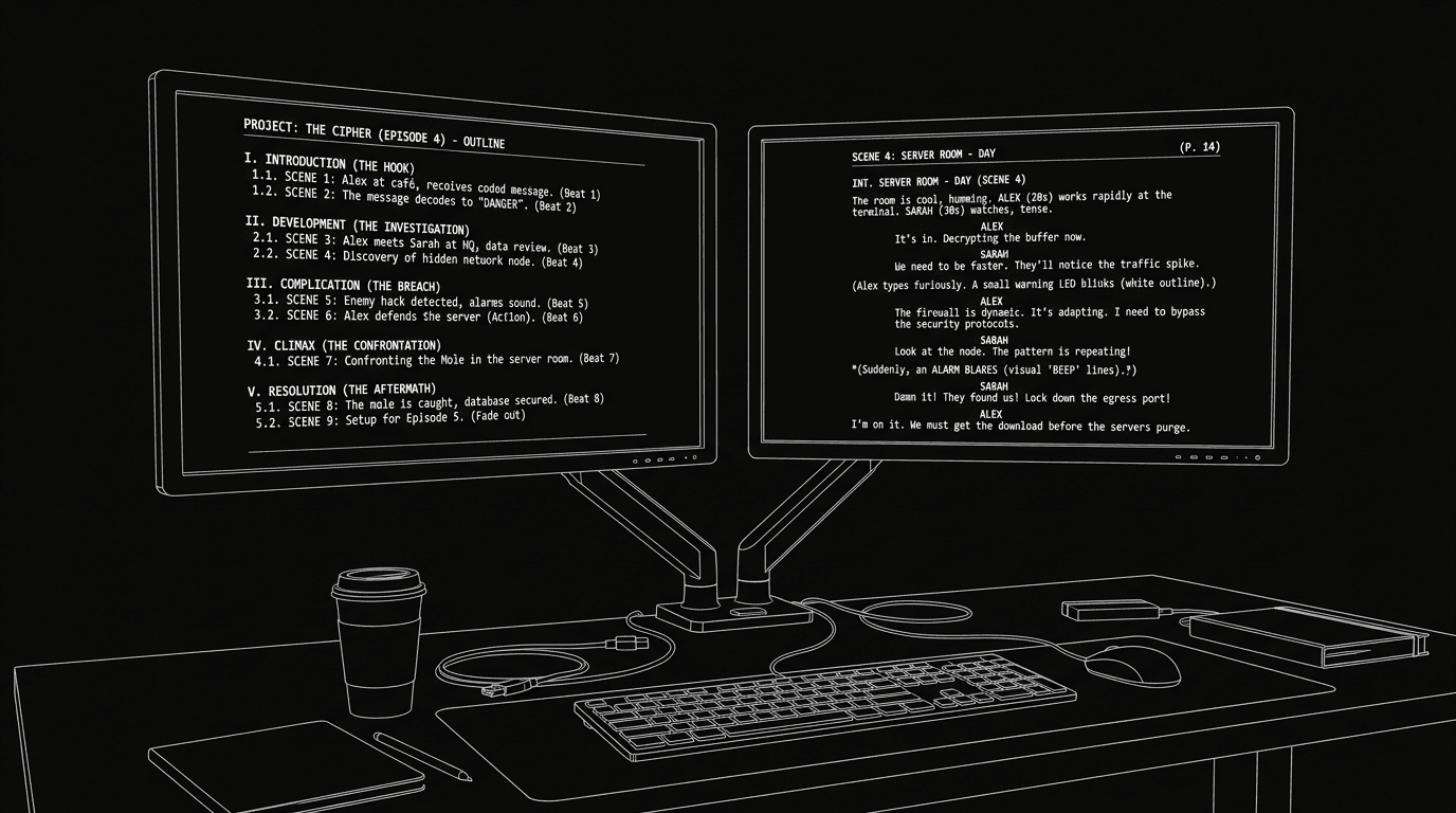 Dark mode technical sketch: two monitors, outline left and script right; thin white lines on black