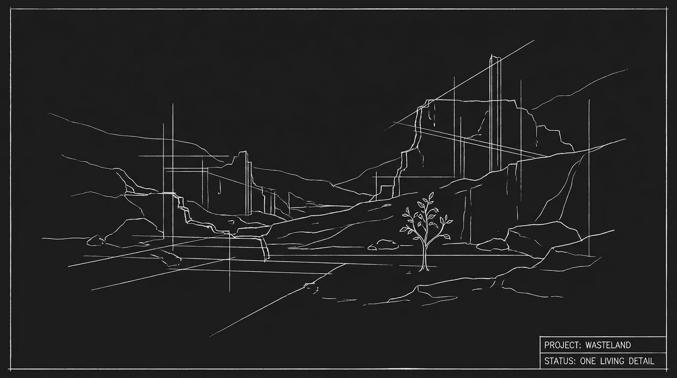 Wasteland with one living detail; dark mode technical sketch