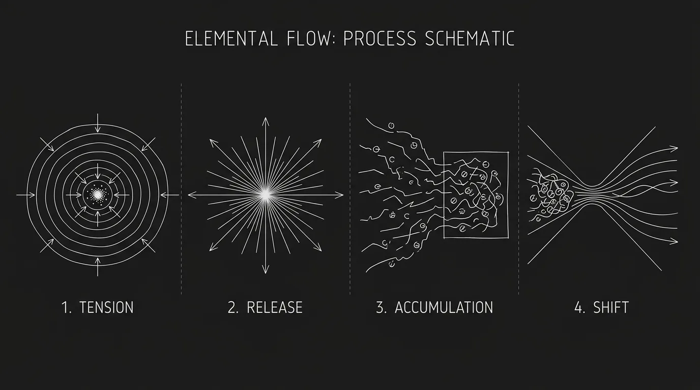 Elemental flow: tension, release, accumulation, shift; dark mode technical sketch